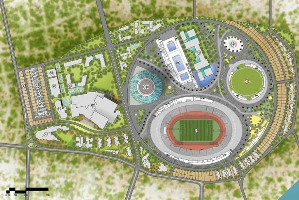 Concept master plan of the Integrated Sports City, with stadiums at the core ringed by residential, hospitality and support zones